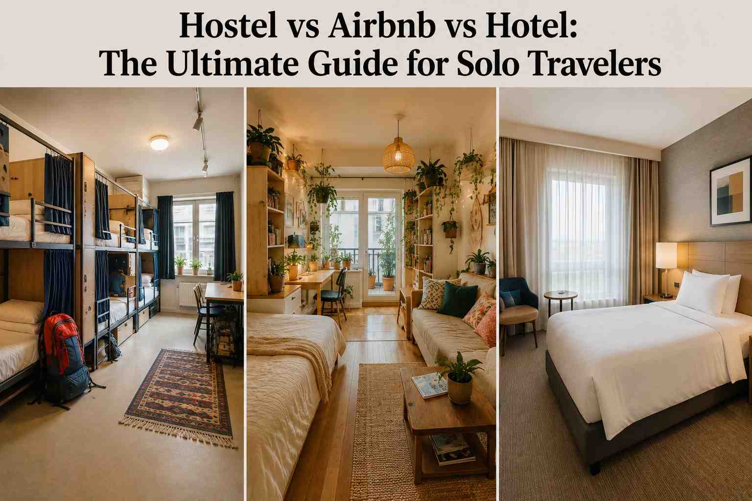Hostel dorm room vs hotel room vs Airbnb apartment for solo travelers 2026